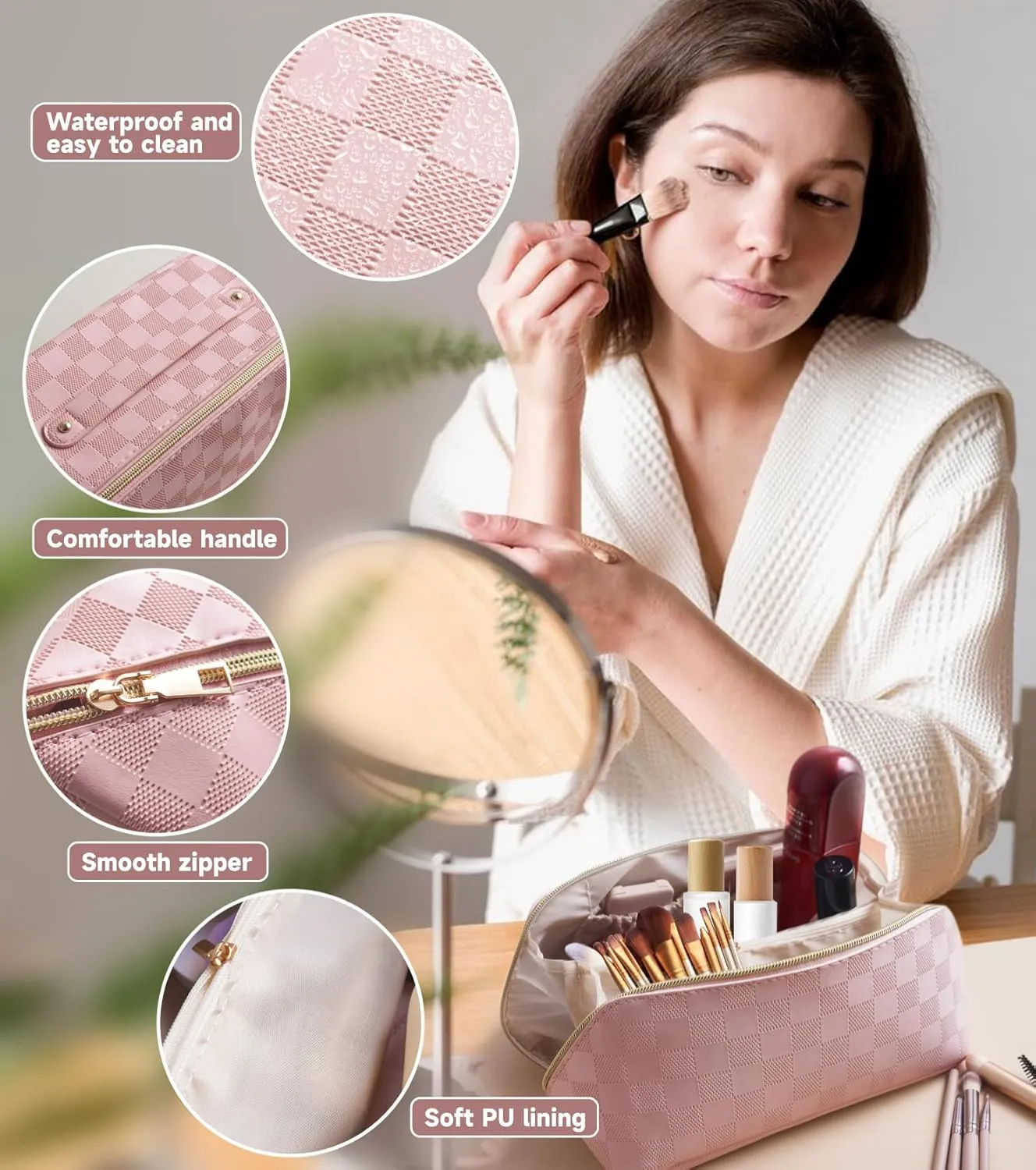 The new parallel makeup bag is very convenient for women to use, using good fabrics. each travel makeup bag can be easily stored. I chose the lay flat makeup bag. (pink)