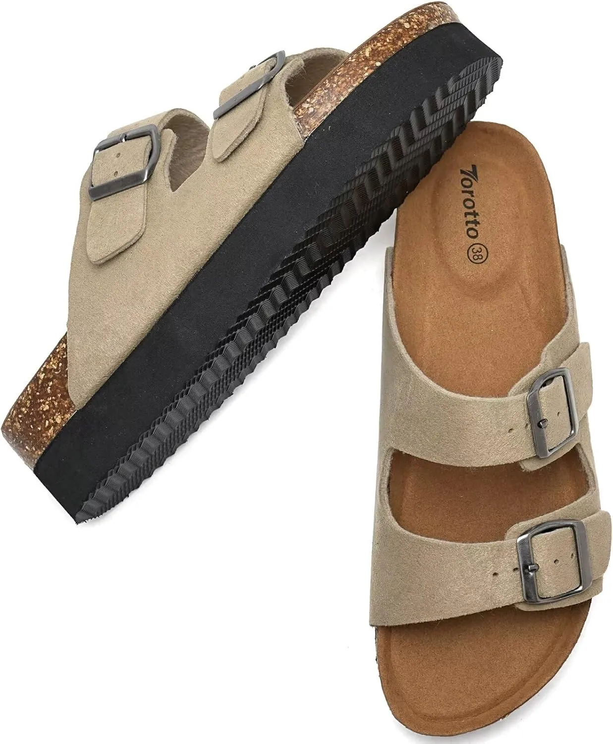 Torotto Womens Slides with Cork Footbed Open Toe Adjustable Webbing Flat Sandals for Walking | Beach | Indoor