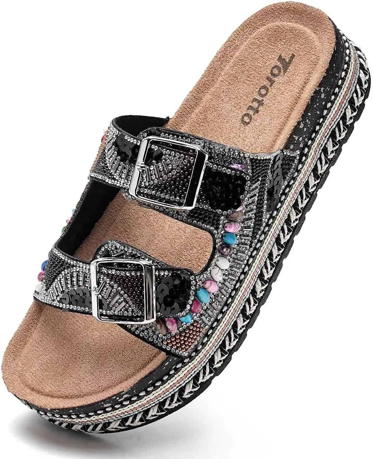 Torotto Womens Slides with Cork Footbed Open Toe Adjustable Webbing Flat Sandals for Walking | Beach | Indoor