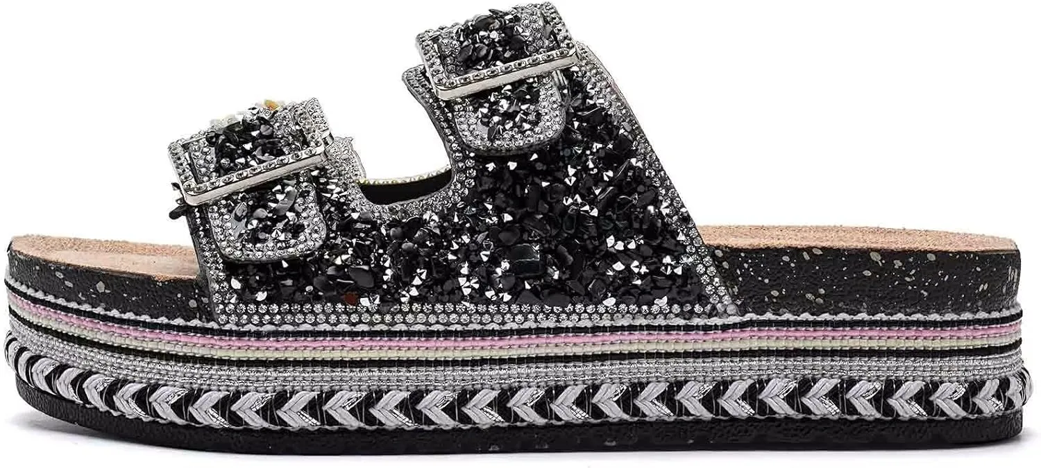 Torotto Womens Slides with Cork Footbed Open Toe Adjustable Webbing Flat Sandals for Walking | Beach | Indoor