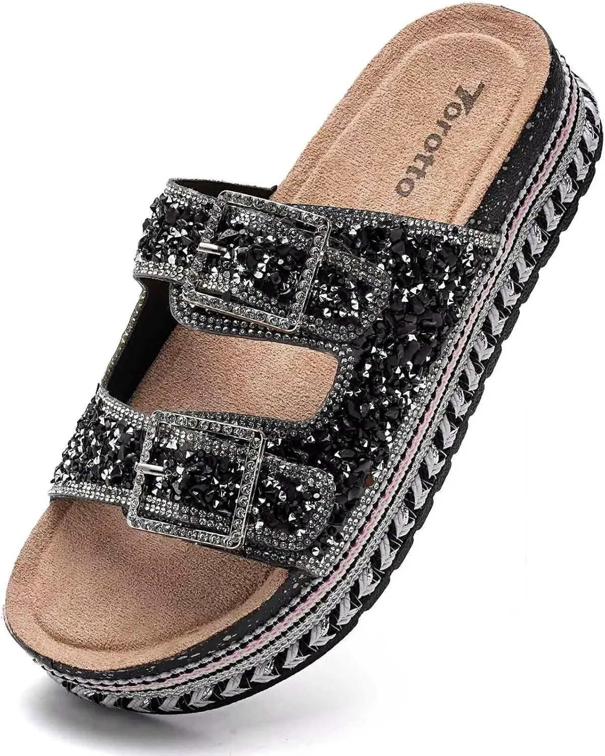 Torotto Womens Slides with Cork Footbed Open Toe Adjustable Webbing Flat Sandals for Walking | Beach | Indoor