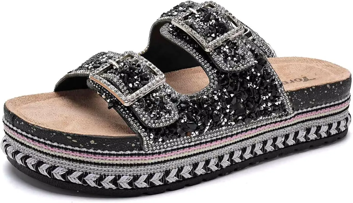 Torotto Womens Slides with Cork Footbed Open Toe Adjustable Webbing Flat Sandals for Walking | Beach | Indoor