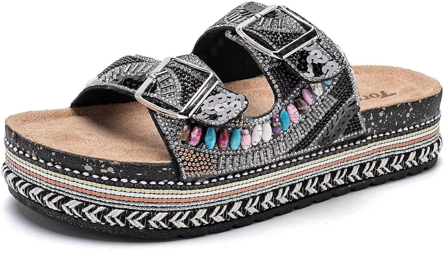 Torotto Womens Slides with Cork Footbed Open Toe Adjustable Webbing Flat Sandals for Walking | Beach | Indoor