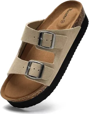 Torotto Womens Slides with Cork Footbed Open Toe Adjustable Webbing Flat Sandals for Walking | Beach | Indoor