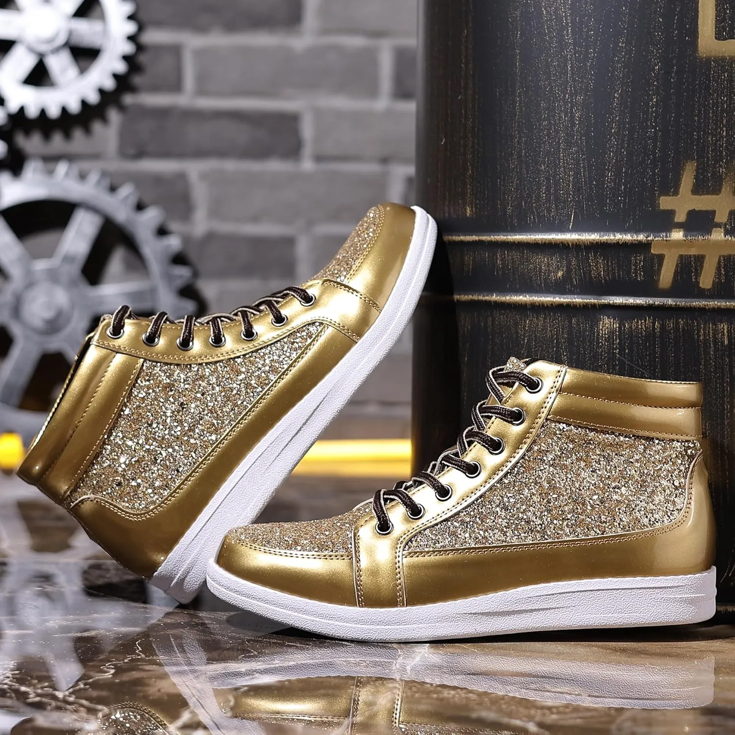 Trsorini Mens Glitter Sparkly Shoes Bling Sequin Lace Boots Fashion Sneakers High Top Casual Shiny Shoes