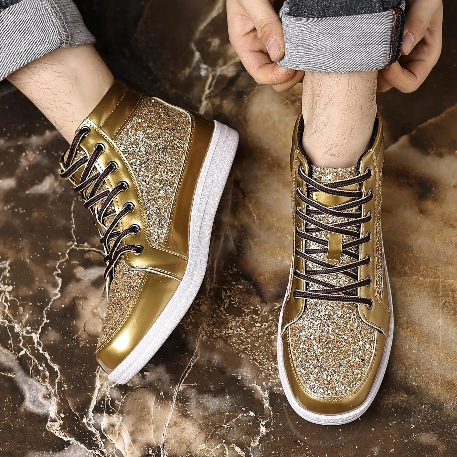 Trsorini Mens Glitter Sparkly Shoes Bling Sequin Lace Boots Fashion Sneakers High Top Casual Shiny Shoes
