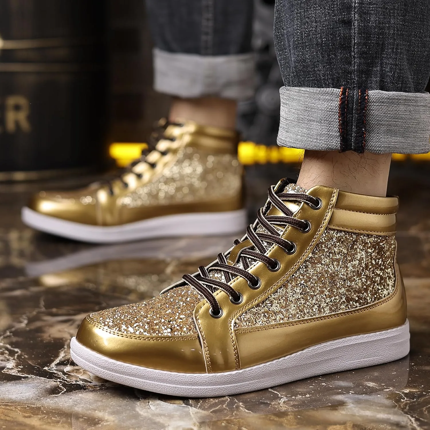 Trsorini Mens Glitter Sparkly Shoes Bling Sequin Lace Boots Fashion Sneakers High Top Casual Shiny Shoes