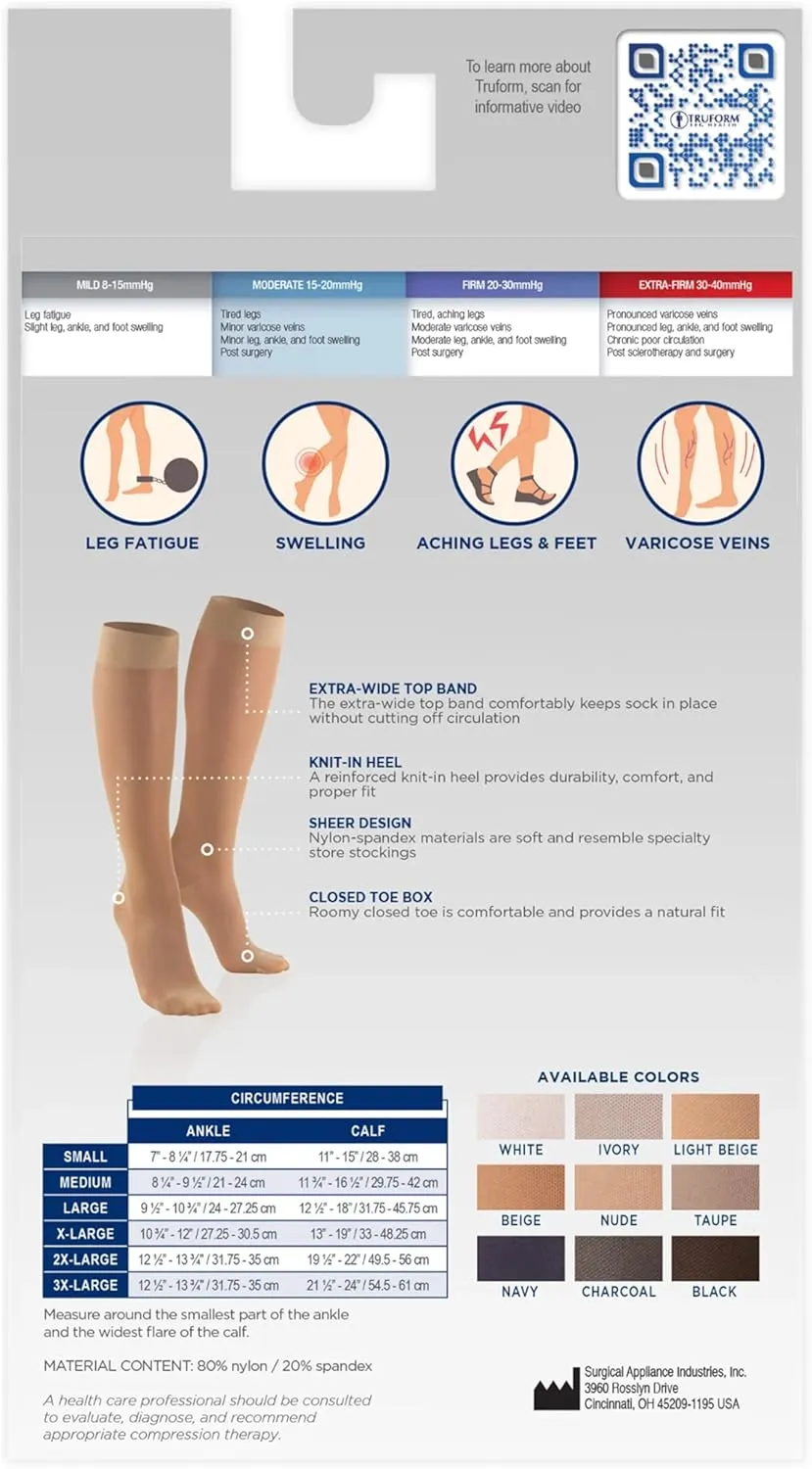 Truform Sheer Compression Stockings, 15-20 mmHg, Women's Knee High Length, Open Toe, 20 Denier, Light Beige, Medium