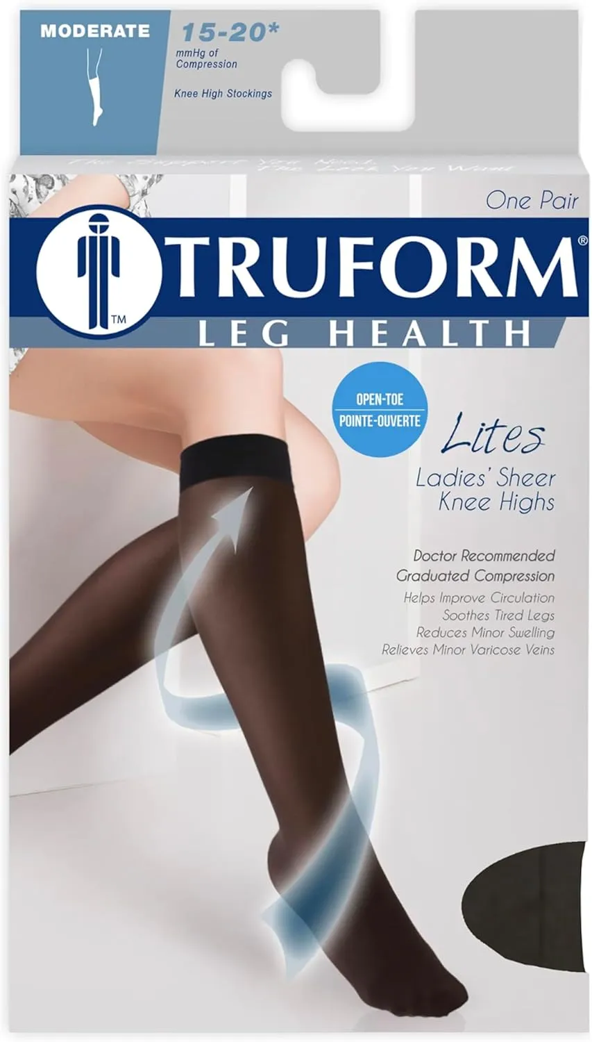 Truform Sheer Compression Stockings, 15-20 mmHg, Women's Knee High Length, Open Toe, 20 Denier, Light Beige, Medium