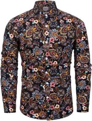 TUNEVUSE Men Floral Dress Shirts Long Sleeve Casual Button Down Flower Printed Shirts 100% Cotton