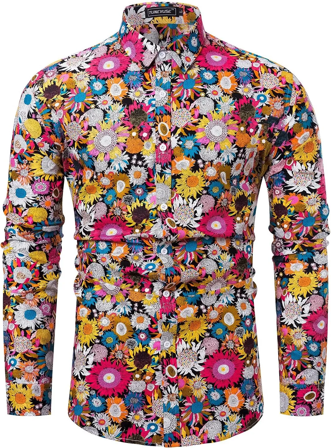 TUNEVUSE Men Floral Dress Shirts Long Sleeve Casual Button Down Flower Printed Shirts 100% Cotton