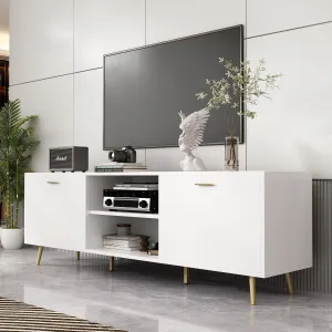 TV Stand for TVs up to 75 Inch, Wood Entertainment Center with Storage Cabinet & Cord Management, Media TV Console Table with Metal Legs for Living Room, Bedroom, White