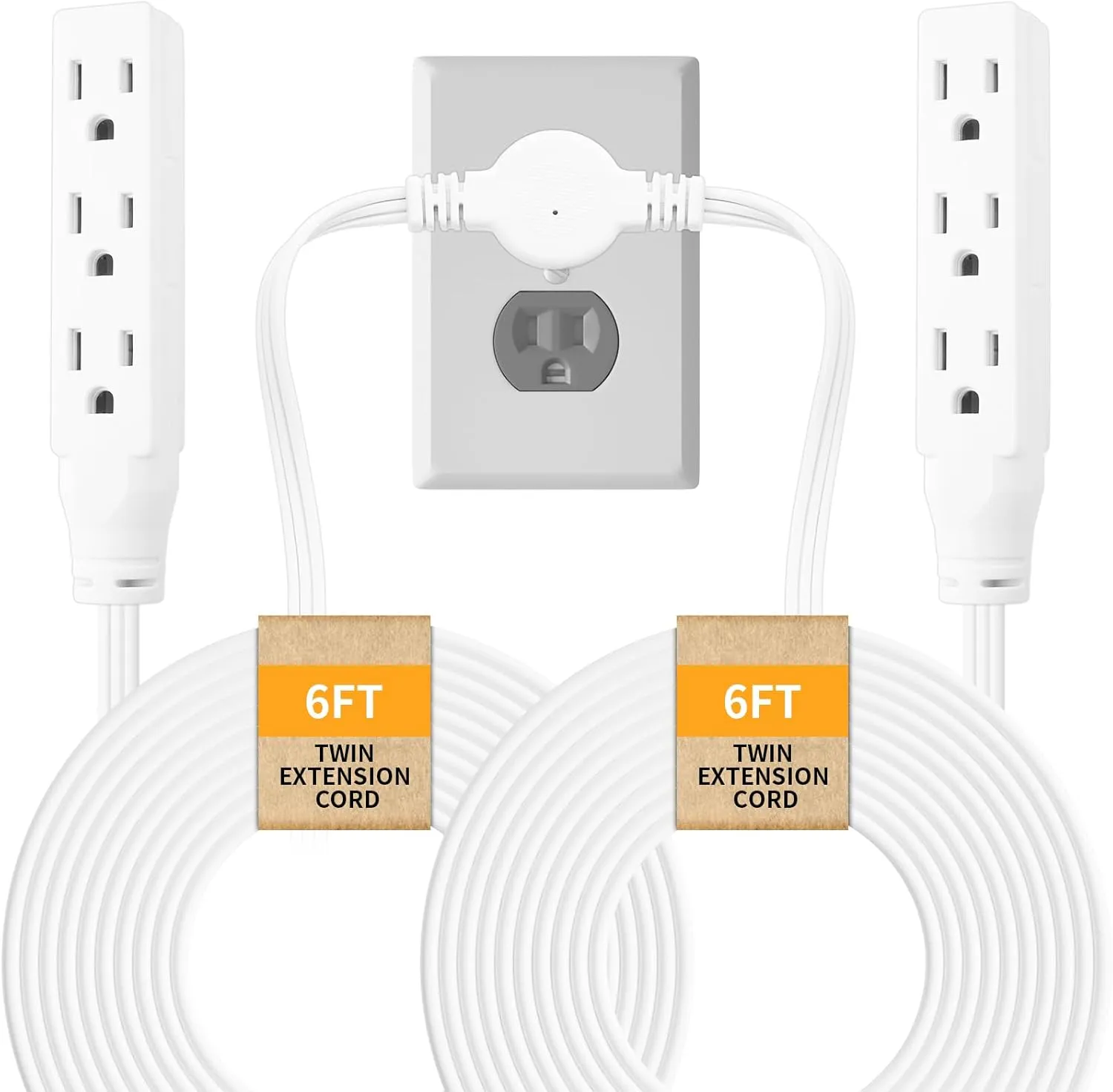 Twin Extension-Cord Power Strip - 12 ft - Flat Wall Plug - 3 Prong Split Extension Cord with 6 Outlets - Double Power Strip for Behind Bed, Couch, Nightstands, Vanity, Furniture