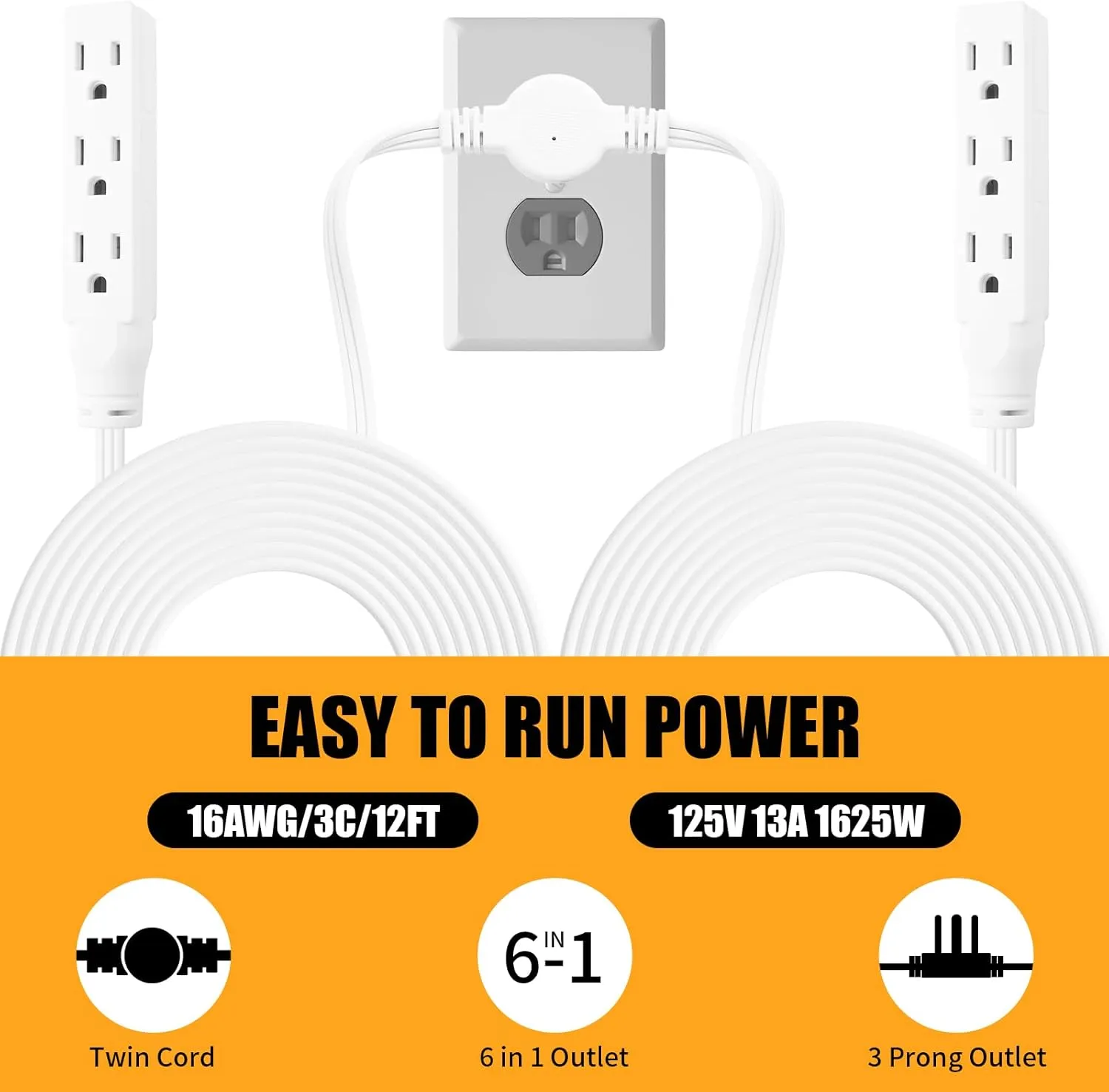 Twin Extension-Cord Power Strip - 12 ft - Flat Wall Plug - 3 Prong Split Extension Cord with 6 Outlets - Double Power Strip for Behind Bed, Couch, Nightstands, Vanity, Furniture