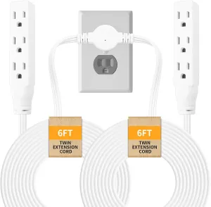 Twin Extension-Cord Power Strip - 12 ft - Flat Wall Plug - 3 Prong Split Extension Cord with 6 Outlets - Double Power Strip for Behind Bed, Couch, Nightstands, Vanity, Furniture