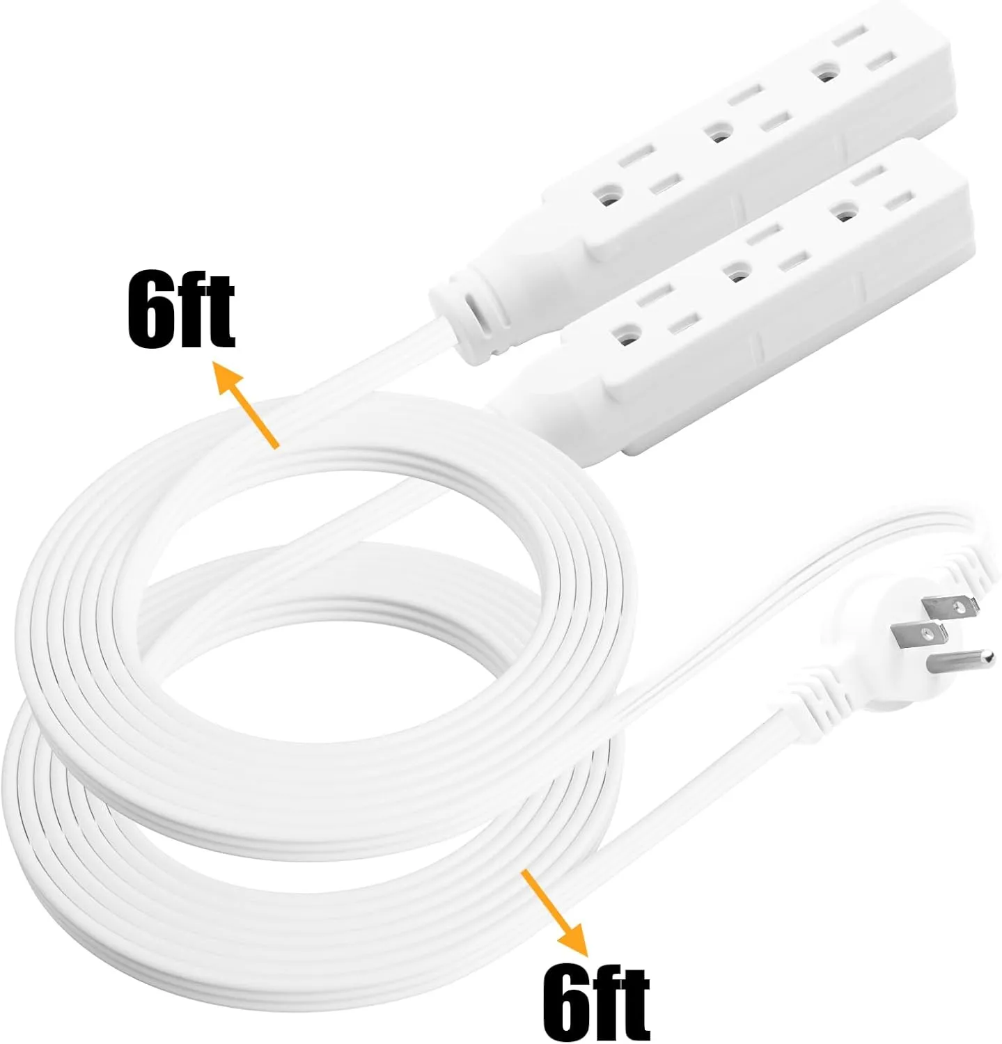 Twin Extension-Cord Power Strip - 12 ft - Flat Wall Plug - 3 Prong Split Extension Cord with 6 Outlets - Double Power Strip for Behind Bed, Couch, Nightstands, Vanity, Furniture