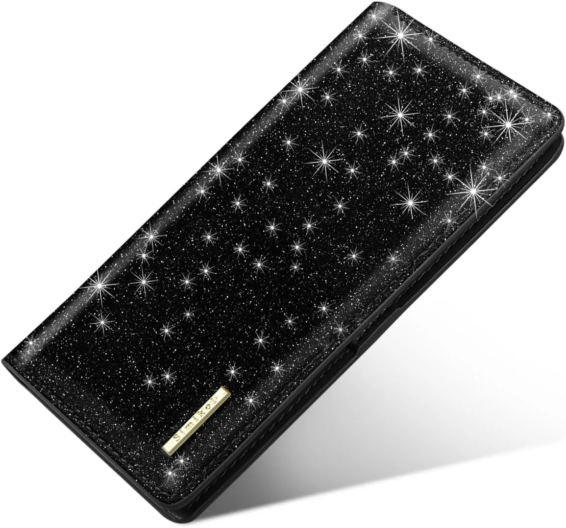 Ultra Slim Womens Wallet Minimalist Thin Long Leather Bifold Wallet RFID Blocking Card Holder Organizer with Zipper Coin Pocket Ladies Girls Gift Purse, Glitter Black