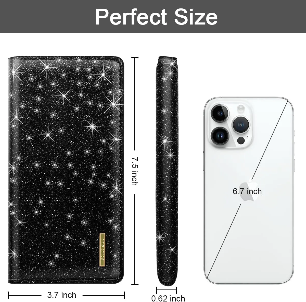 Ultra Slim Womens Wallet Minimalist Thin Long Leather Bifold Wallet RFID Blocking Card Holder Organizer with Zipper Coin Pocket Ladies Girls Gift Purse, Glitter Black