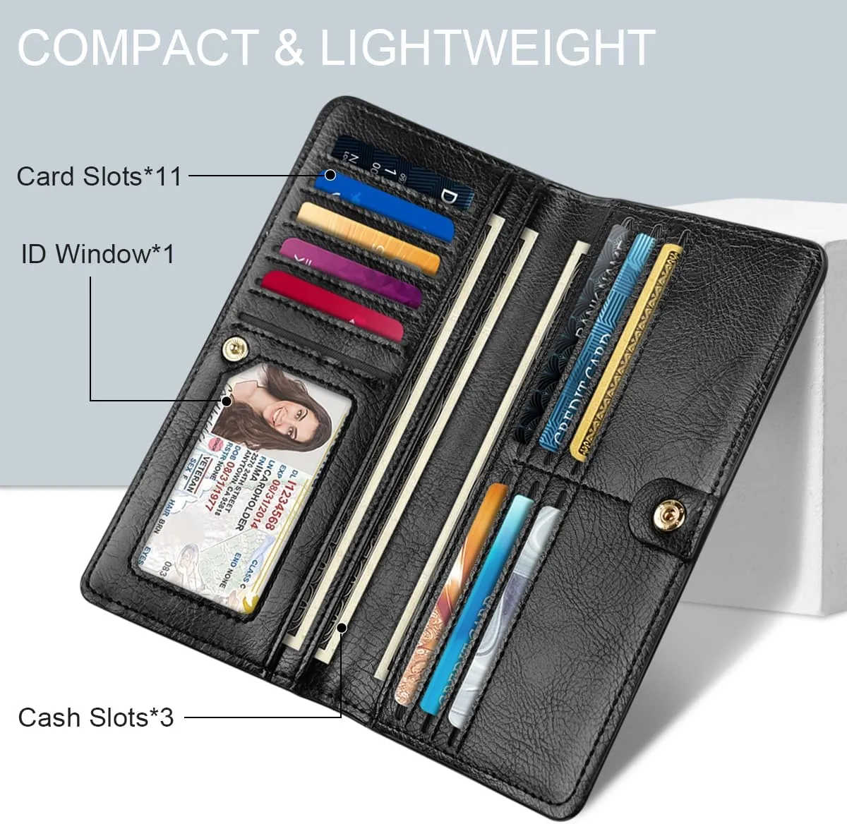 Ultra Slim Womens Wallet Minimalist Thin Long Leather Bifold Wallet RFID Blocking Card Holder Organizer with Zipper Coin Pocket Ladies Girls Gift Purse, Glitter Black