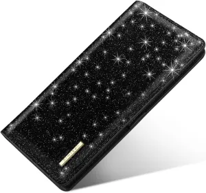 Ultra Slim Womens Wallet Minimalist Thin Long Leather Bifold Wallet RFID Blocking Card Holder Organizer with Zipper Coin Pocket Ladies Girls Gift Purse, Glitter Black