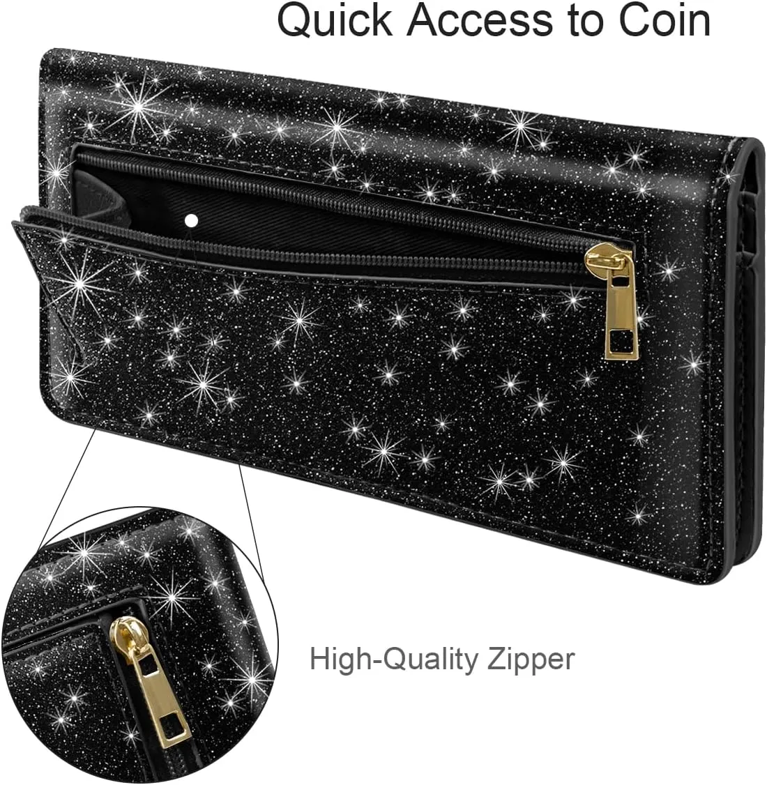 Ultra Slim Womens Wallet Minimalist Thin Long Leather Bifold Wallet RFID Blocking Card Holder Organizer with Zipper Coin Pocket Ladies Girls Gift Purse, Glitter Black