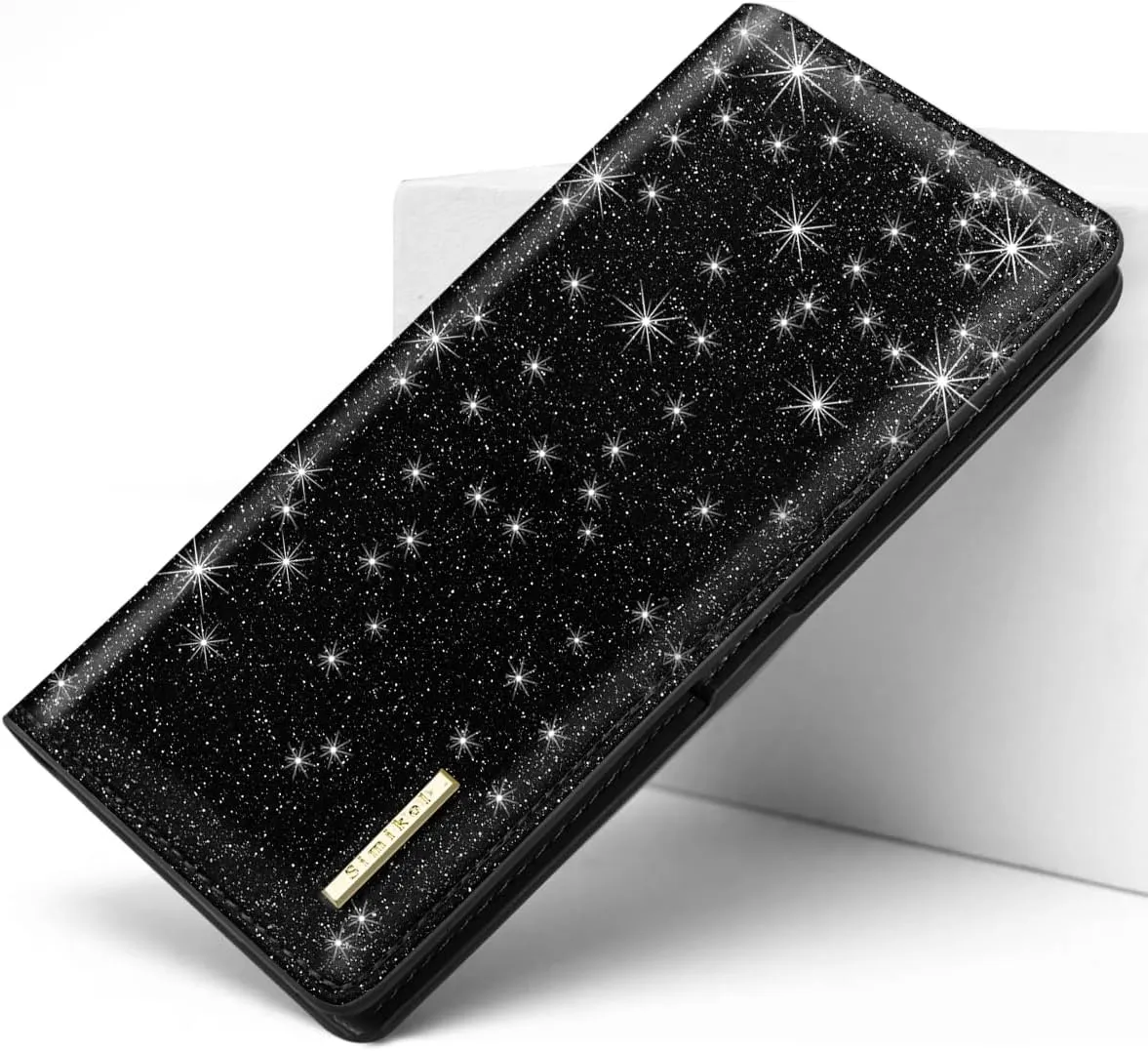 Ultra Slim Womens Wallet Minimalist Thin Long Leather Bifold Wallet RFID Blocking Card Holder Organizer with Zipper Coin Pocket Ladies Girls Gift Purse, Glitter Black