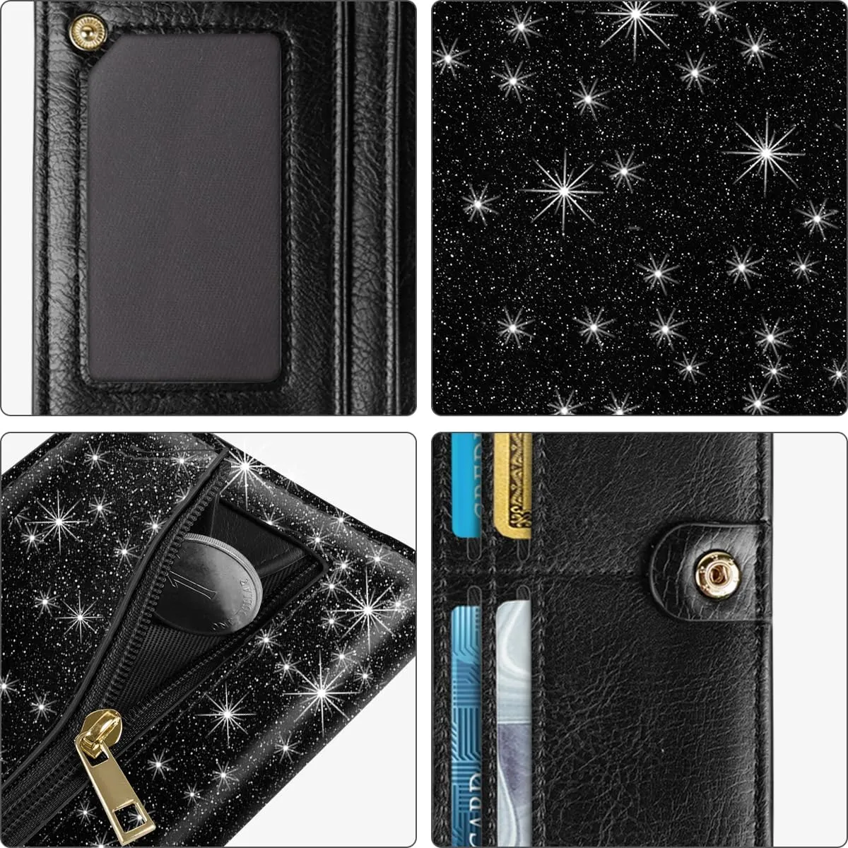 Ultra Slim Womens Wallet Minimalist Thin Long Leather Bifold Wallet RFID Blocking Card Holder Organizer with Zipper Coin Pocket Ladies Girls Gift Purse, Glitter Black