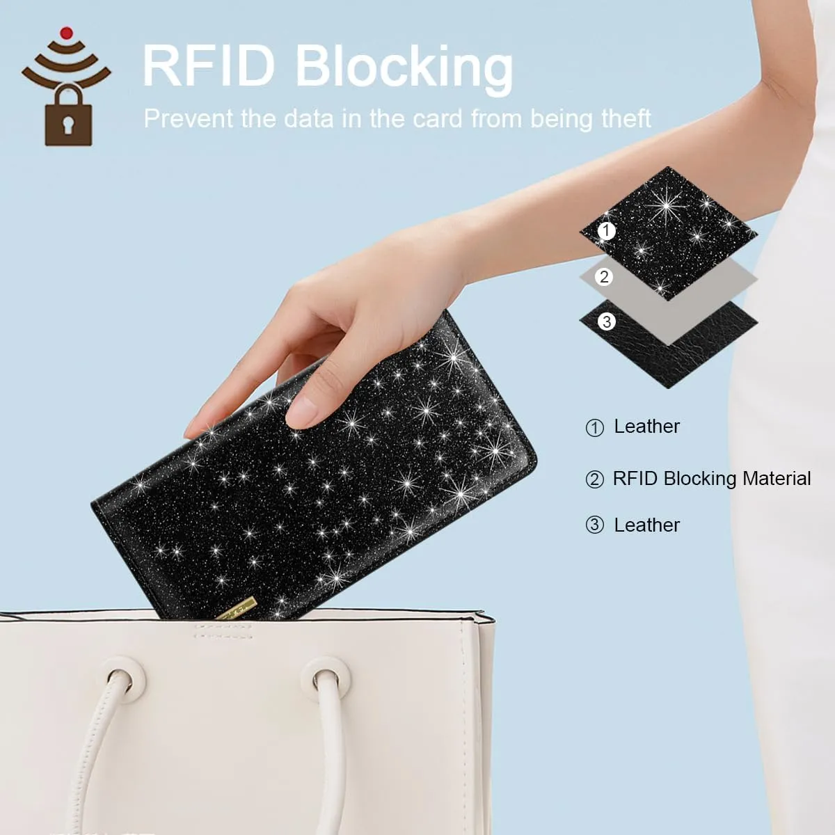Ultra Slim Womens Wallet Minimalist Thin Long Leather Bifold Wallet RFID Blocking Card Holder Organizer with Zipper Coin Pocket Ladies Girls Gift Purse, Glitter Black
