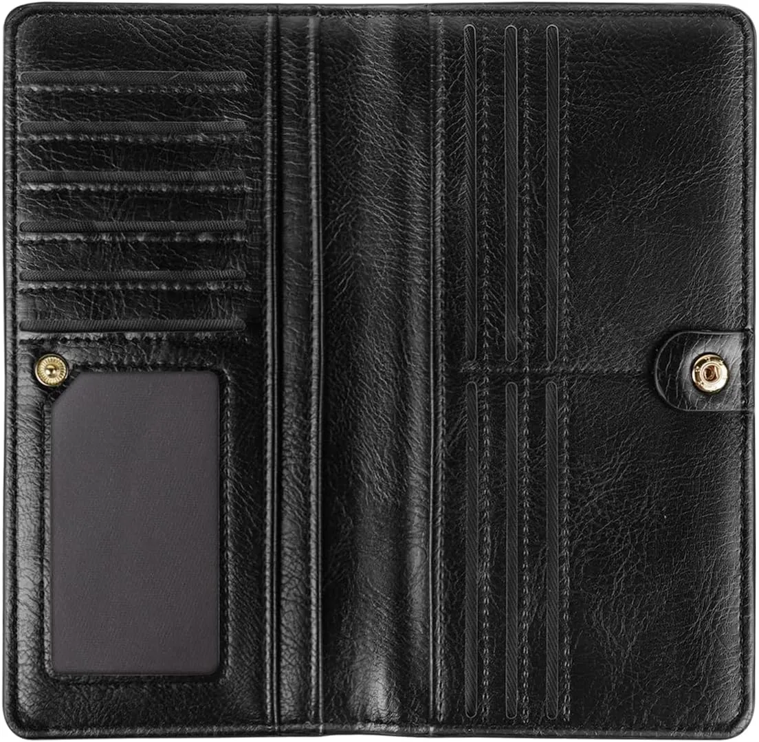 Ultra Slim Womens Wallet Minimalist Thin Long Leather Bifold Wallet RFID Blocking Card Holder Organizer with Zipper Coin Pocket Ladies Girls Gift Purse, Glitter Black