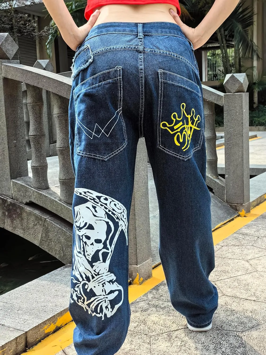 Unisex Y2K Hip Hop Street Jeans Skeleton Printed Gothic Baggy Jeans Vintage High Waist Denim Jeans Wide Leg Pants