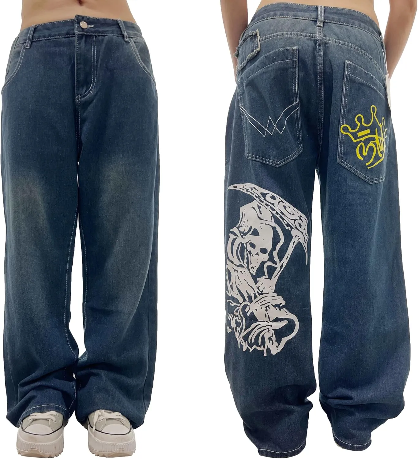 Unisex Y2K Hip Hop Street Jeans Skeleton Printed Gothic Baggy Jeans Vintage High Waist Denim Jeans Wide Leg Pants