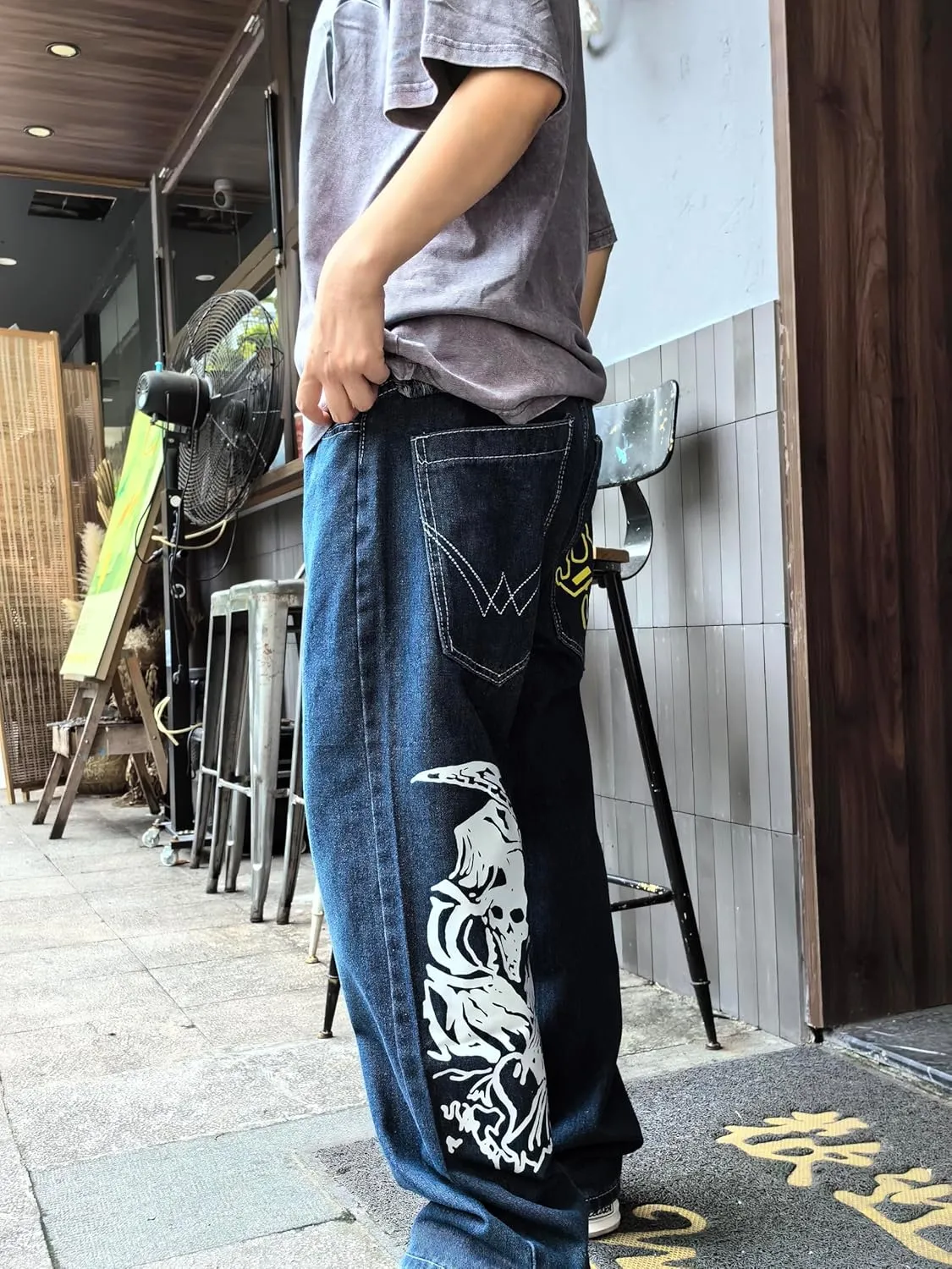 Unisex Y2K Hip Hop Street Jeans Skeleton Printed Gothic Baggy Jeans Vintage High Waist Denim Jeans Wide Leg Pants