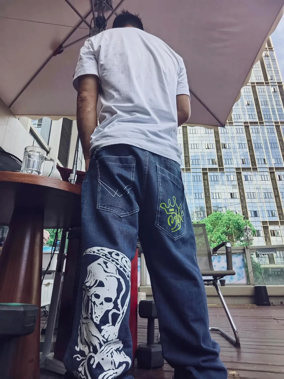 Unisex Y2K Hip Hop Street Jeans Skeleton Printed Gothic Baggy Jeans Vintage High Waist Denim Jeans Wide Leg Pants