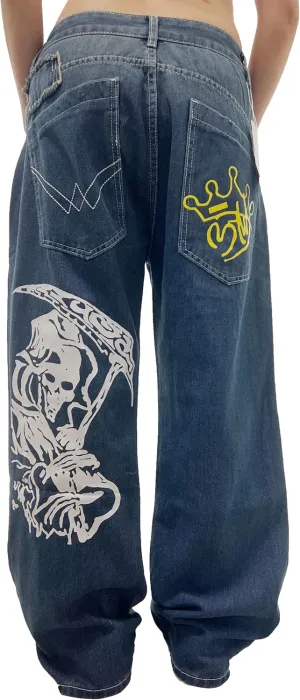 Unisex Y2K Hip Hop Street Jeans Skeleton Printed Gothic Baggy Jeans Vintage High Waist Denim Jeans Wide Leg Pants