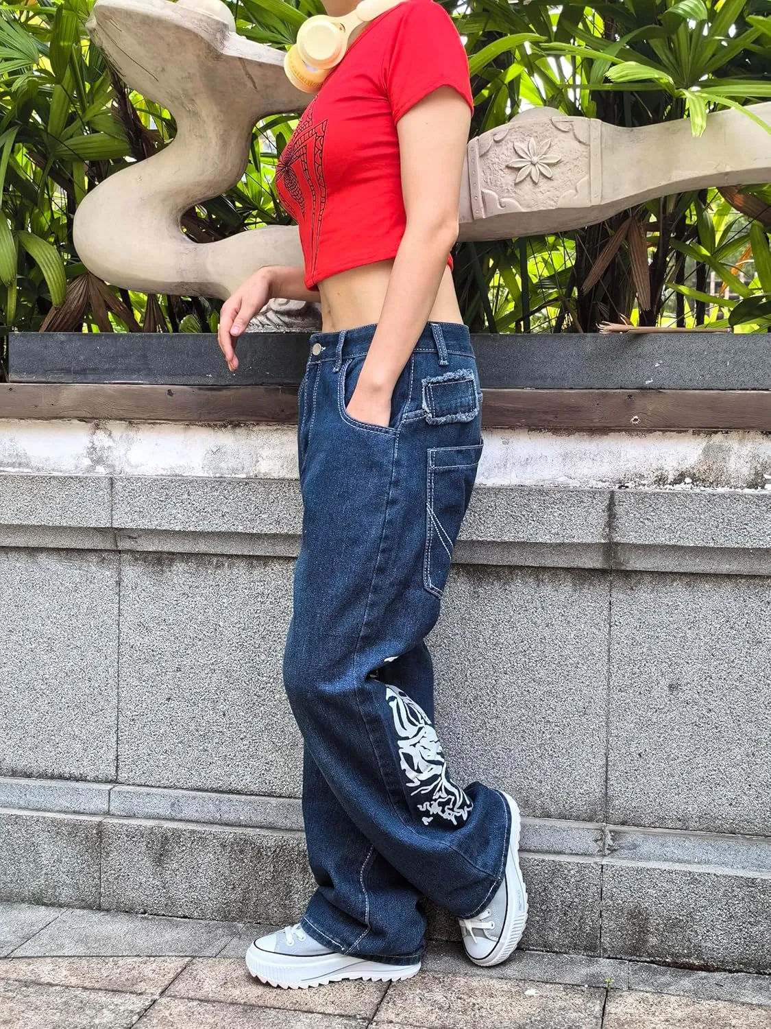 Unisex Y2K Hip Hop Street Jeans Skeleton Printed Gothic Baggy Jeans Vintage High Waist Denim Jeans Wide Leg Pants