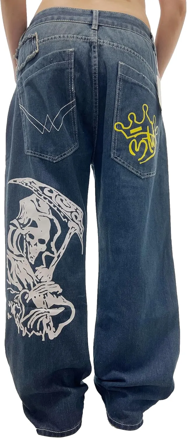 Unisex Y2K Hip Hop Street Jeans Skeleton Printed Gothic Baggy Jeans Vintage High Waist Denim Jeans Wide Leg Pants