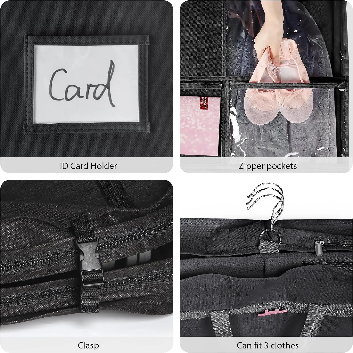 Univivi Black Dance Costume Bags Garment Bag 40 Inch for Dance Competitions, 3 Medium Clear Zipper Pockets and 2 Back Zippered Pocket, with 1 xPendant, 3 x Badge