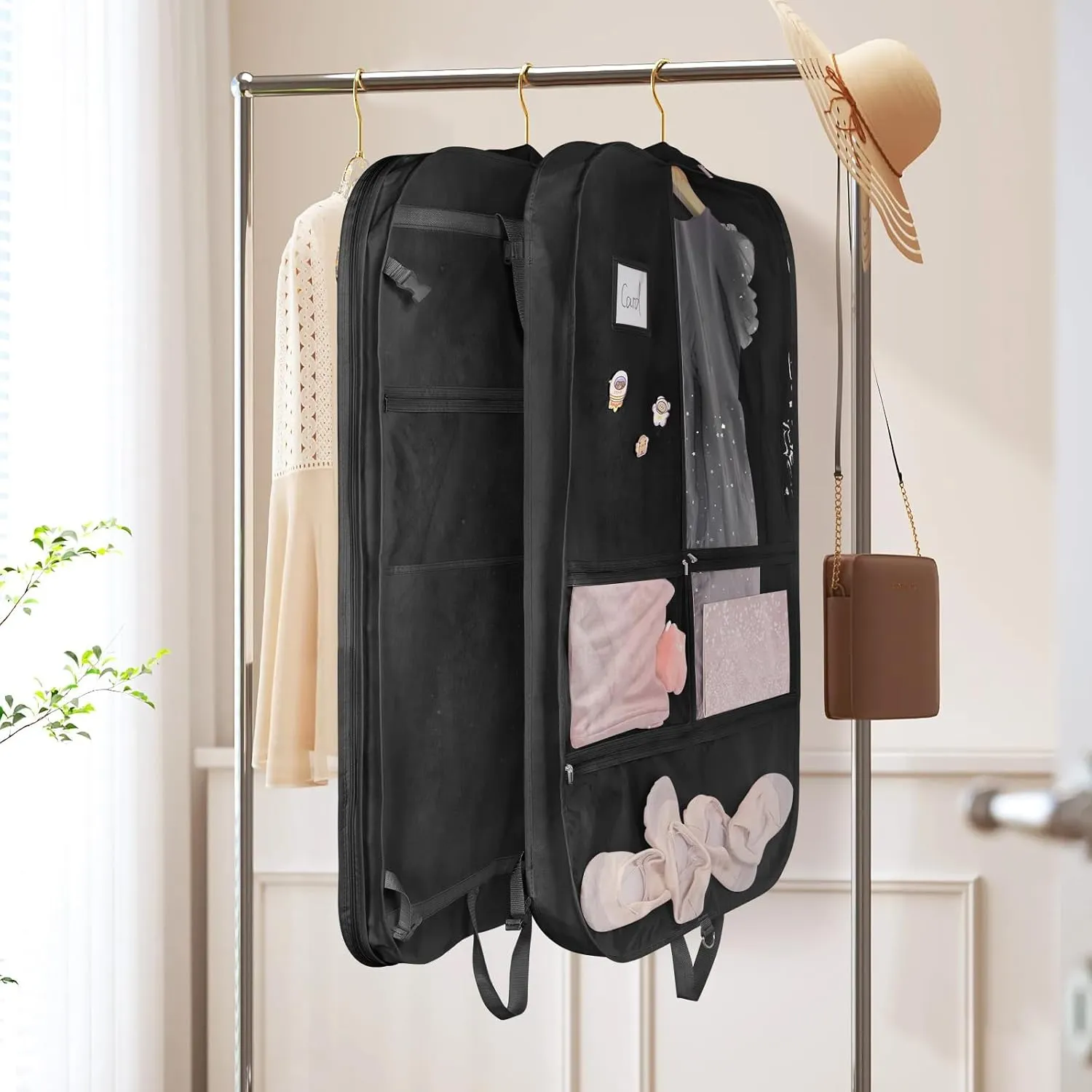Univivi Black Dance Costume Bags Garment Bag 40 Inch for Dance Competitions, 3 Medium Clear Zipper Pockets and 2 Back Zippered Pocket, with 1 xPendant, 3 x Badge