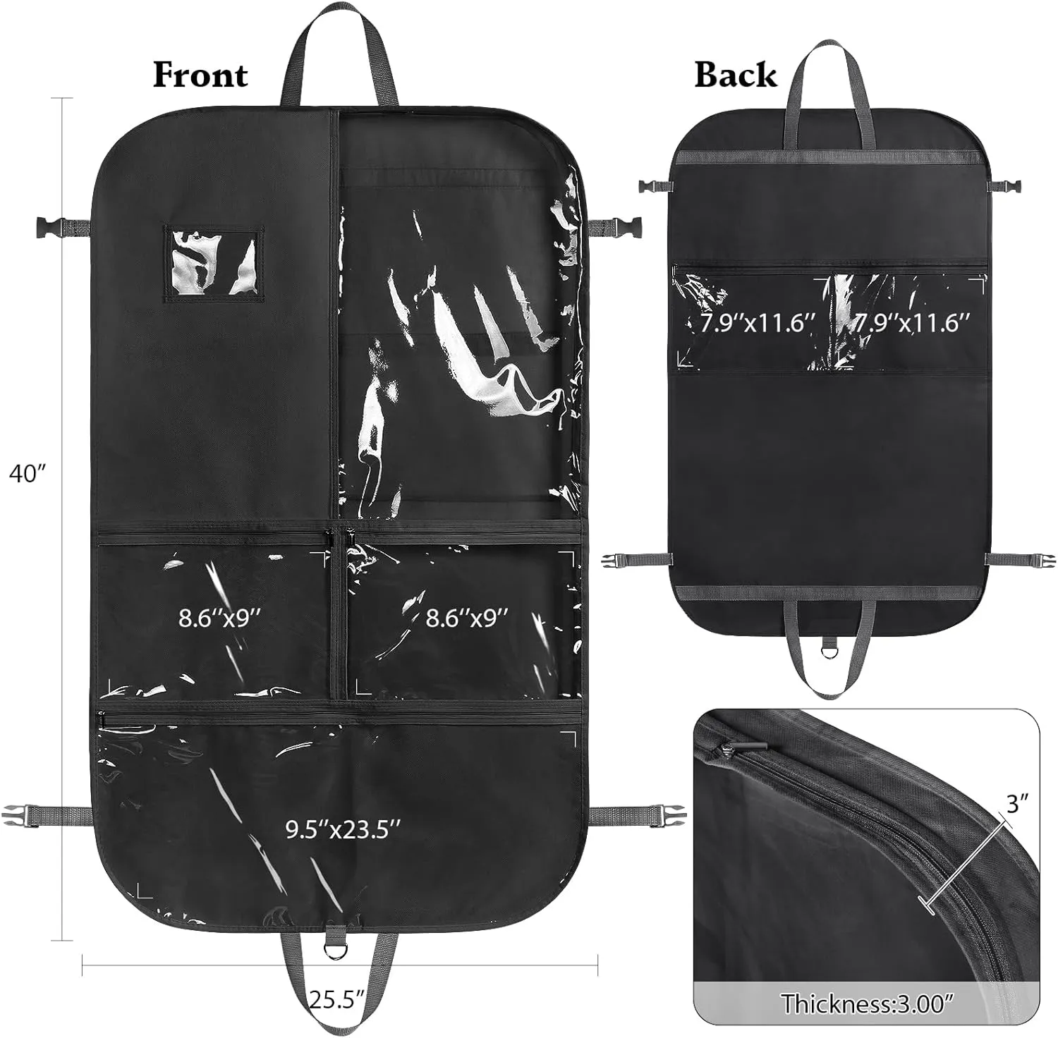 Univivi Black Dance Costume Bags Garment Bag 40 Inch for Dance Competitions, 3 Medium Clear Zipper Pockets and 2 Back Zippered Pocket, with 1 xPendant, 3 x Badge
