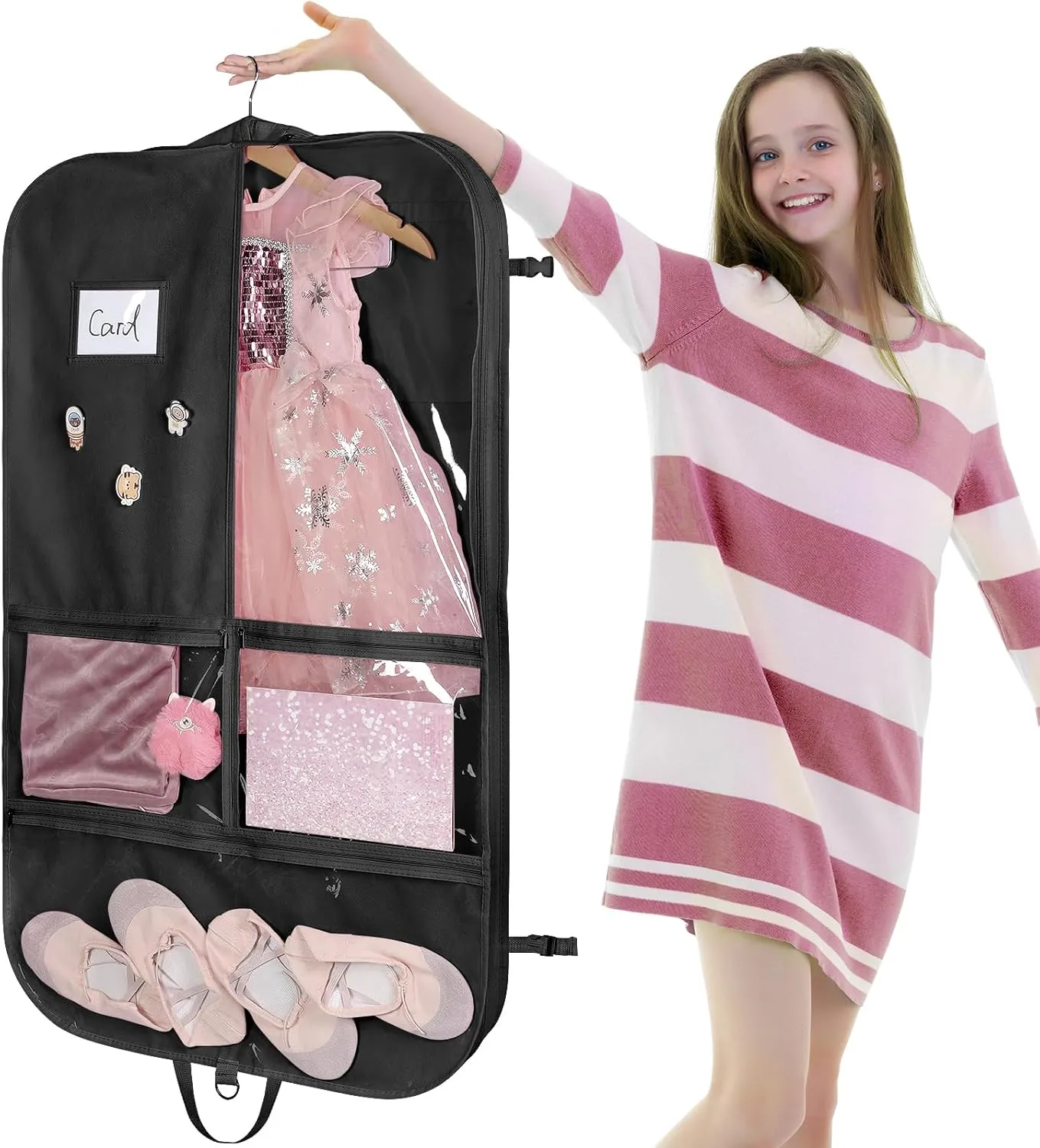 Univivi Black Dance Costume Bags Garment Bag 40 Inch for Dance Competitions, 3 Medium Clear Zipper Pockets and 2 Back Zippered Pocket, with 1 xPendant, 3 x Badge
