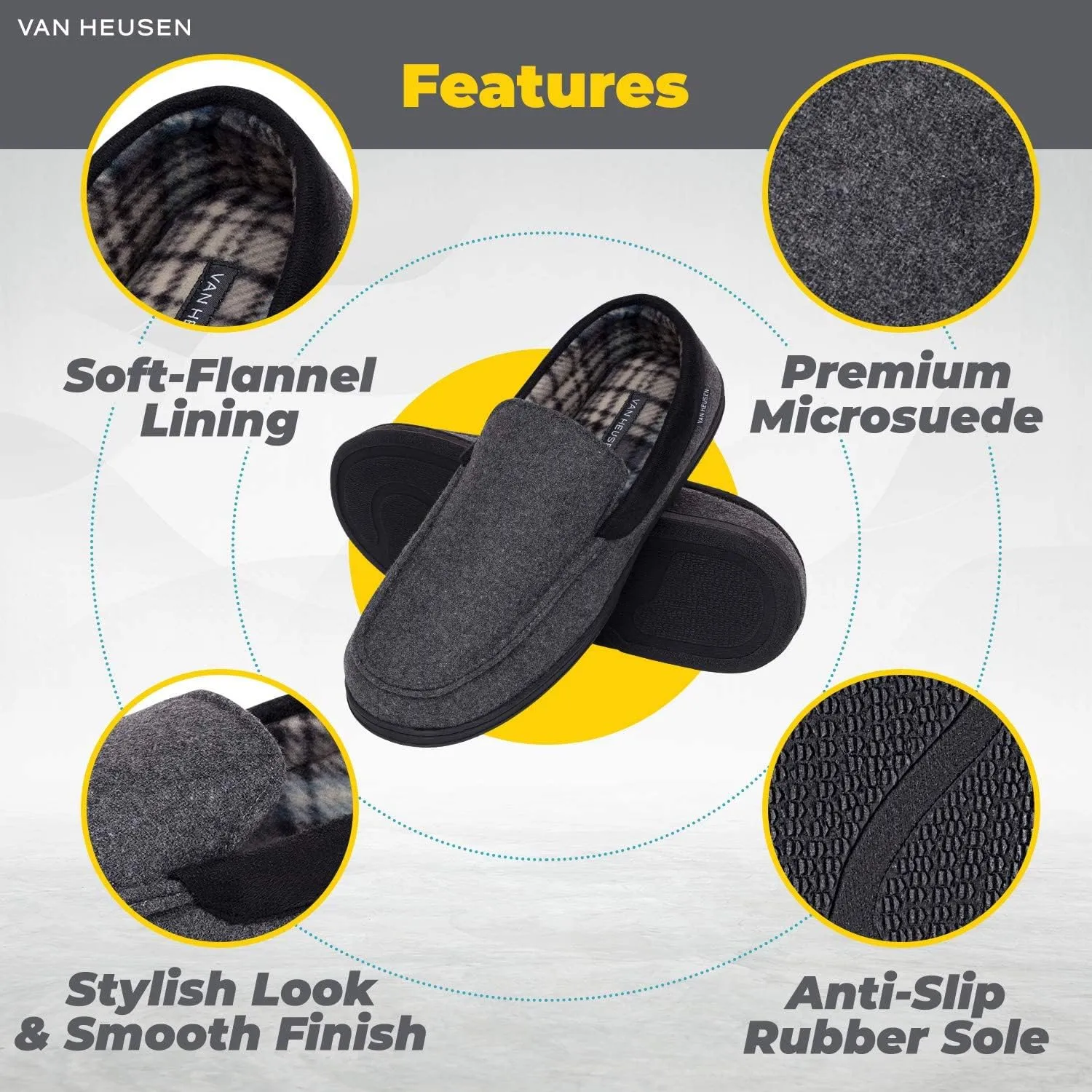 Van Heusen Men's Slippers Comfy Slip-On Micro Suede House with SoftFlannel Lining