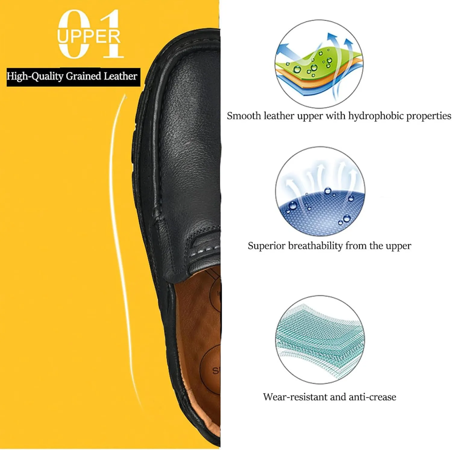 Venshine Mens Walking Shoes Leather Lightweight Breathable Casual Slip On Loafers
