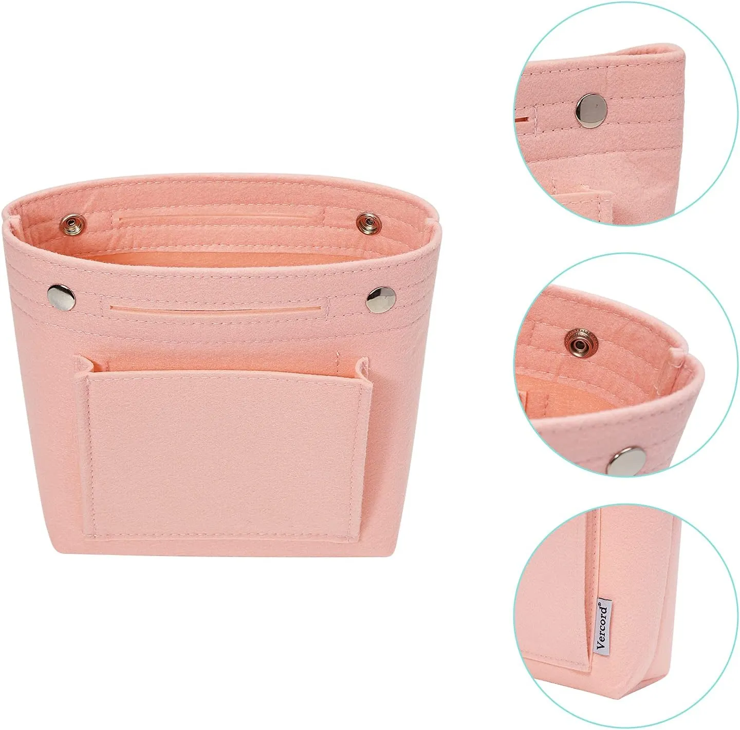 Vercord Mini Slim Small Felt Purse Organizer Insert Inside Handbag Tote Pocketbook for Women Pale Pink