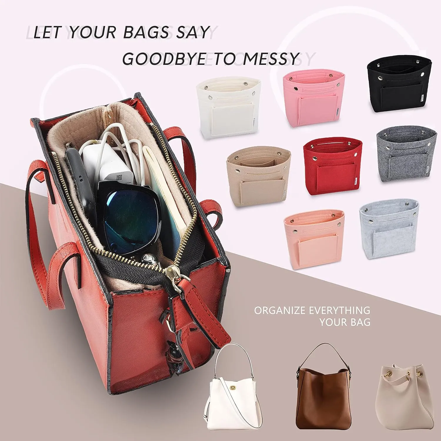 Vercord Mini Slim Small Felt Purse Organizer Insert Inside Handbag Tote Pocketbook for Women Pale Pink