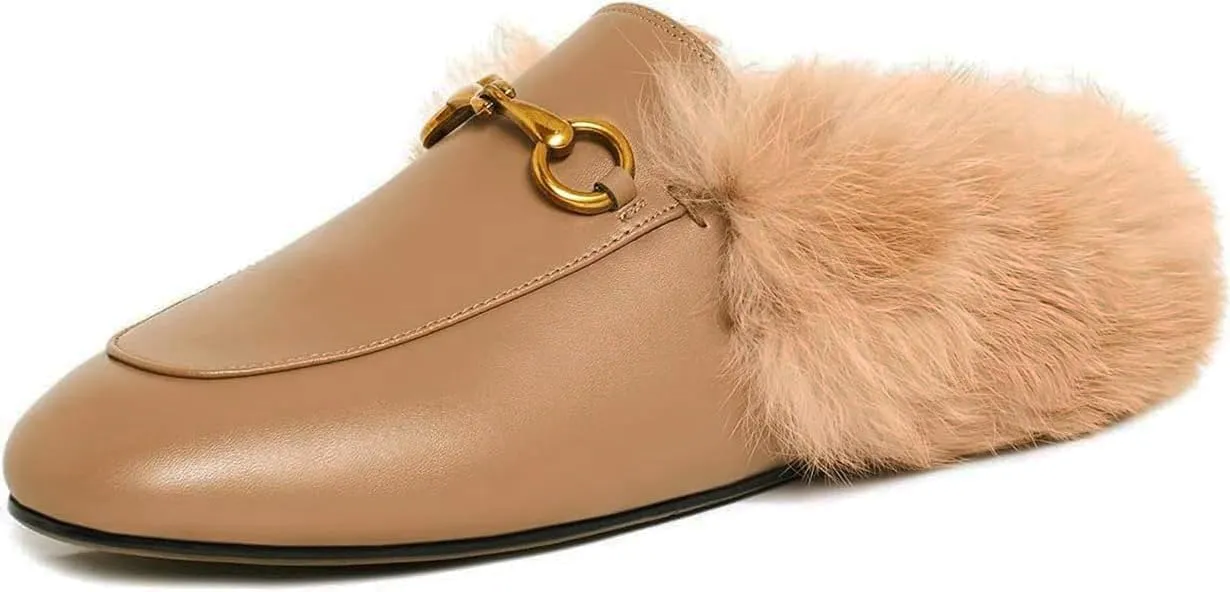 Vertundy Fur Mules with Matal Buckle Slip On Flats for Women Backless Sandals Dress Shoes Work Slides