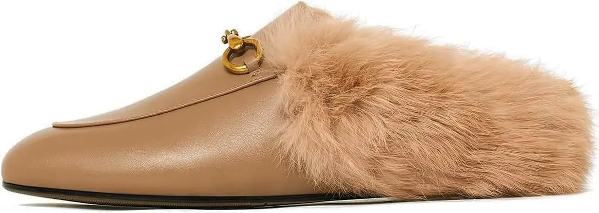 Vertundy Fur Mules with Matal Buckle Slip On Flats for Women Backless Sandals Dress Shoes Work Slides