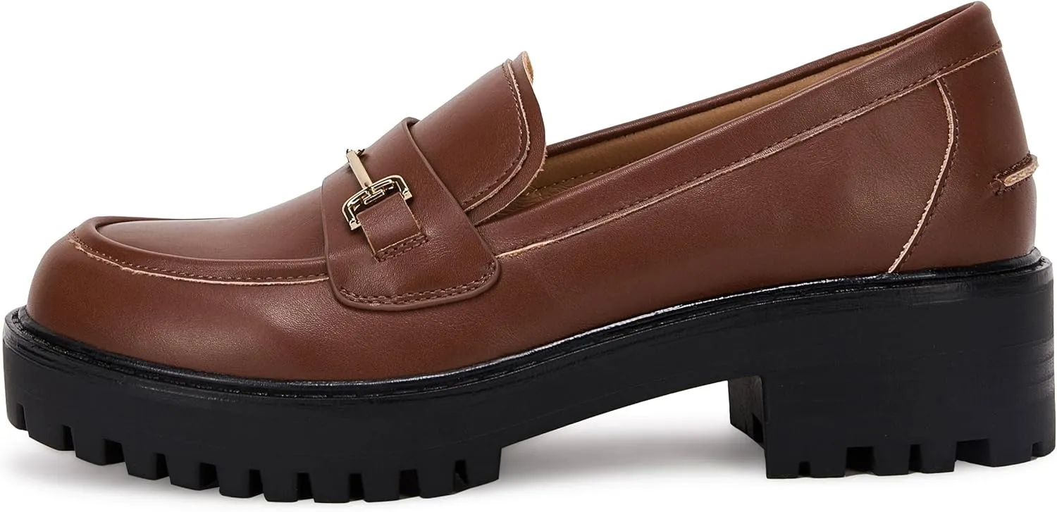 VETASTE Womens Lug Sole Platform Mid Chunky Heel Loafers Classic Round Toe Slip On Office Uniform Oxfords Shoes with Metal Chain