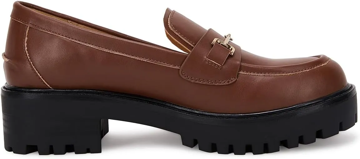 VETASTE Womens Lug Sole Platform Mid Chunky Heel Loafers Classic Round Toe Slip On Office Uniform Oxfords Shoes with Metal Chain