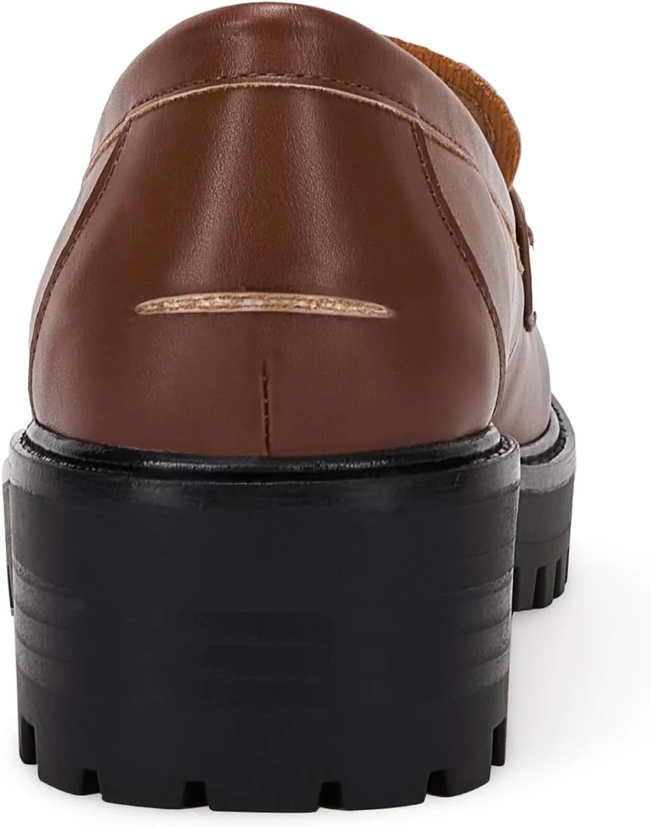 VETASTE Womens Lug Sole Platform Mid Chunky Heel Loafers Classic Round Toe Slip On Office Uniform Oxfords Shoes with Metal Chain