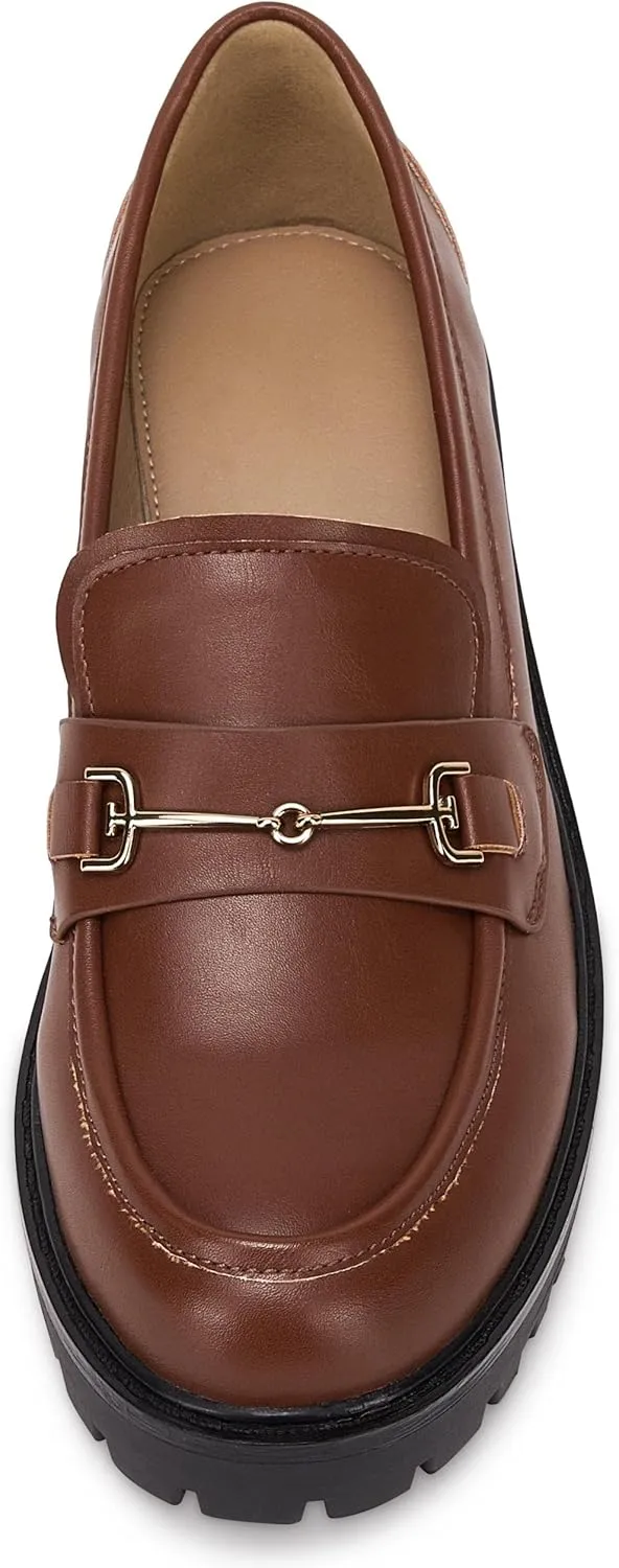 VETASTE Womens Lug Sole Platform Mid Chunky Heel Loafers Classic Round Toe Slip On Office Uniform Oxfords Shoes with Metal Chain